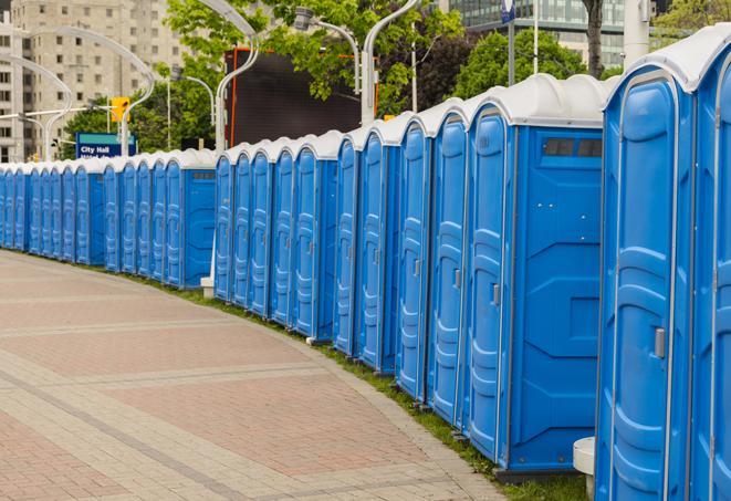 a row of portable restrooms at a fairground, offering visitors a clean and hassle-free experience in Chula Vista, CA